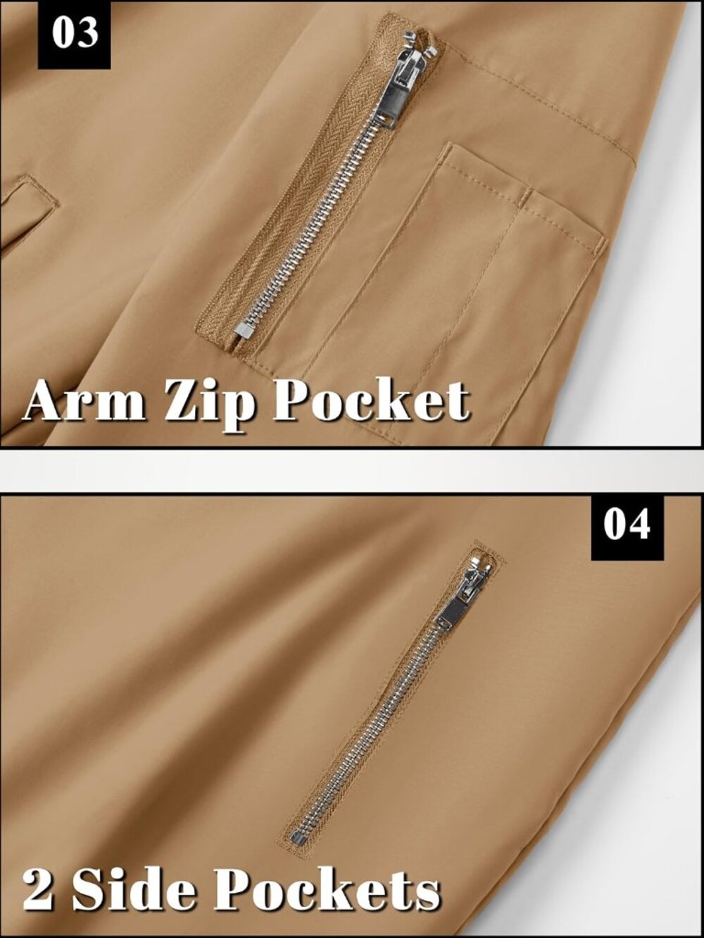 Men's Khaki Polyester Full Zipper Stand Collar Pockets Windbreaker Bomber Jacket - Picture 6 of 6